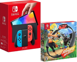 Игровая приставка Nintendo Switch OLED 64 ГБ, неоновый синий/неоновый красный + Геймпад Ring Fit Adventure